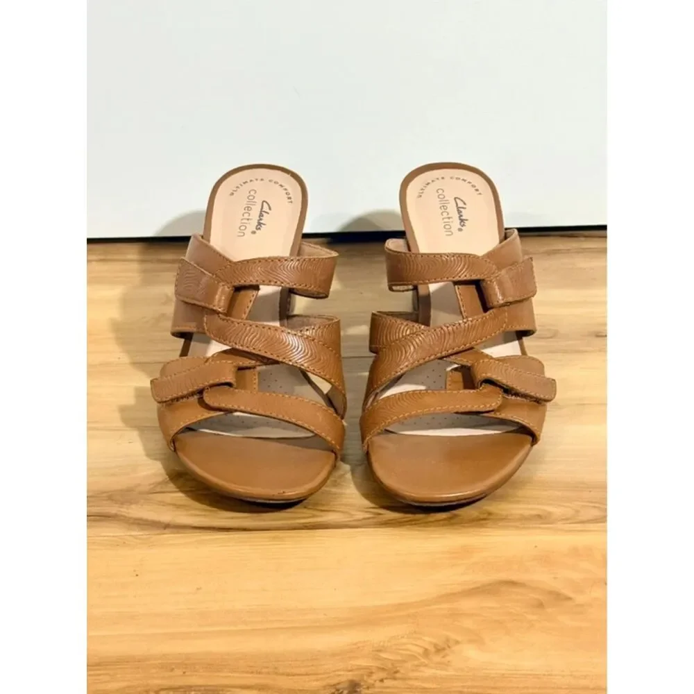Clarks Collection Tan Strappy Block Heel Sandals Size 7.5